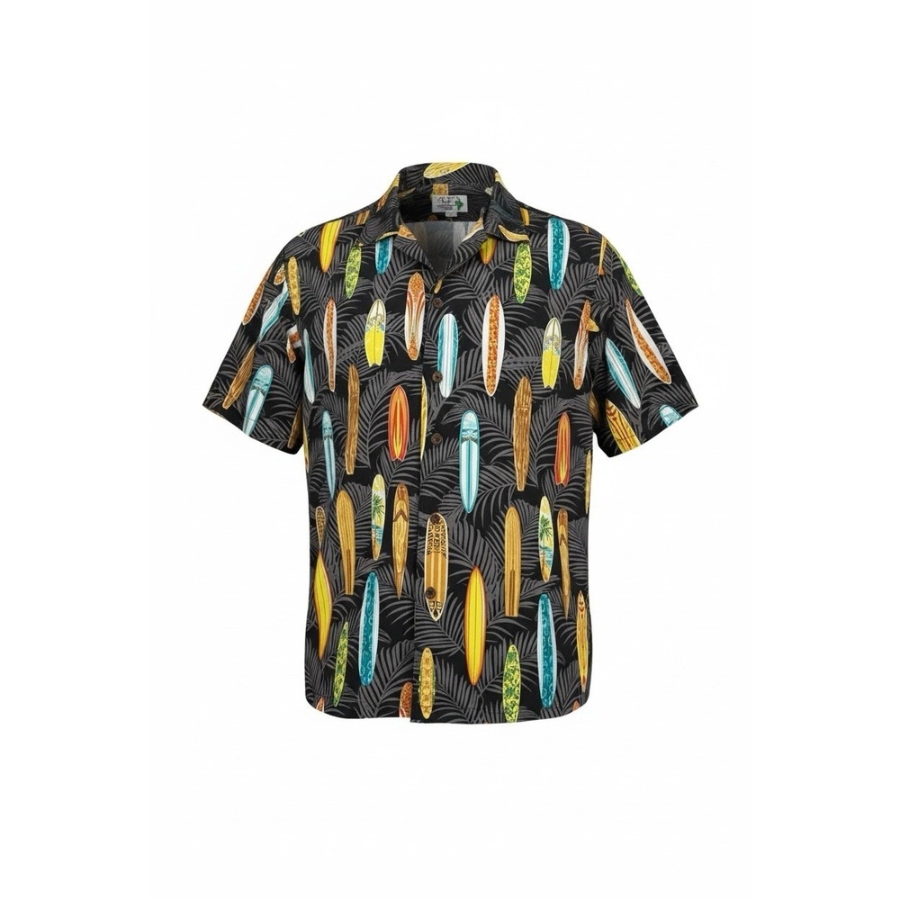 VTG KY'S Hawaiian Shirt Mens 3XL‎ Black Surfboard Print Cotton Made in Hawaii